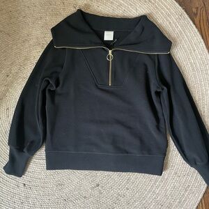 Varley Black Ribbed Funnel Neck Pullover with Gold Ring Zip